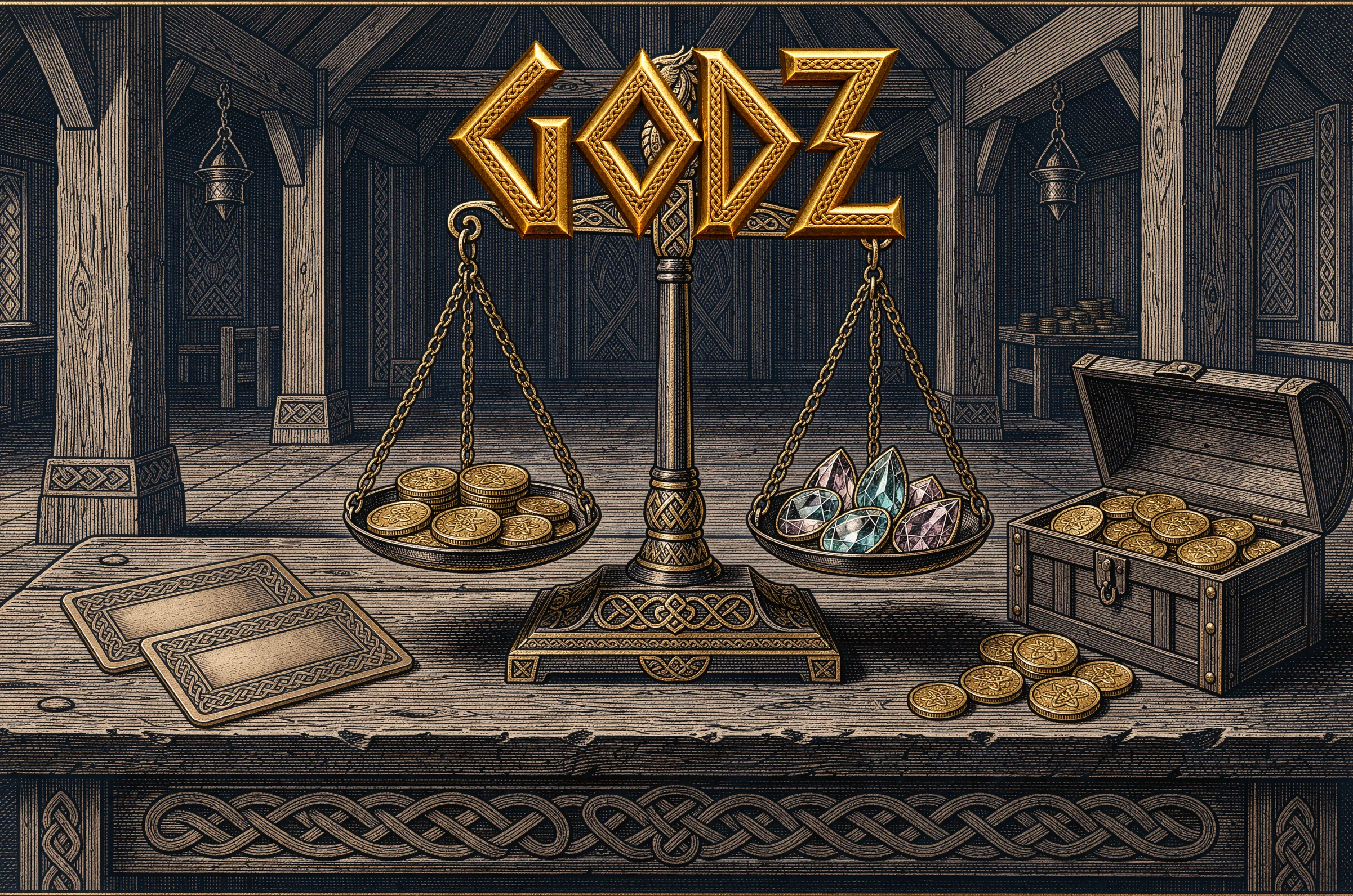 Golden coins and gems on a balance scale at Godz Casino