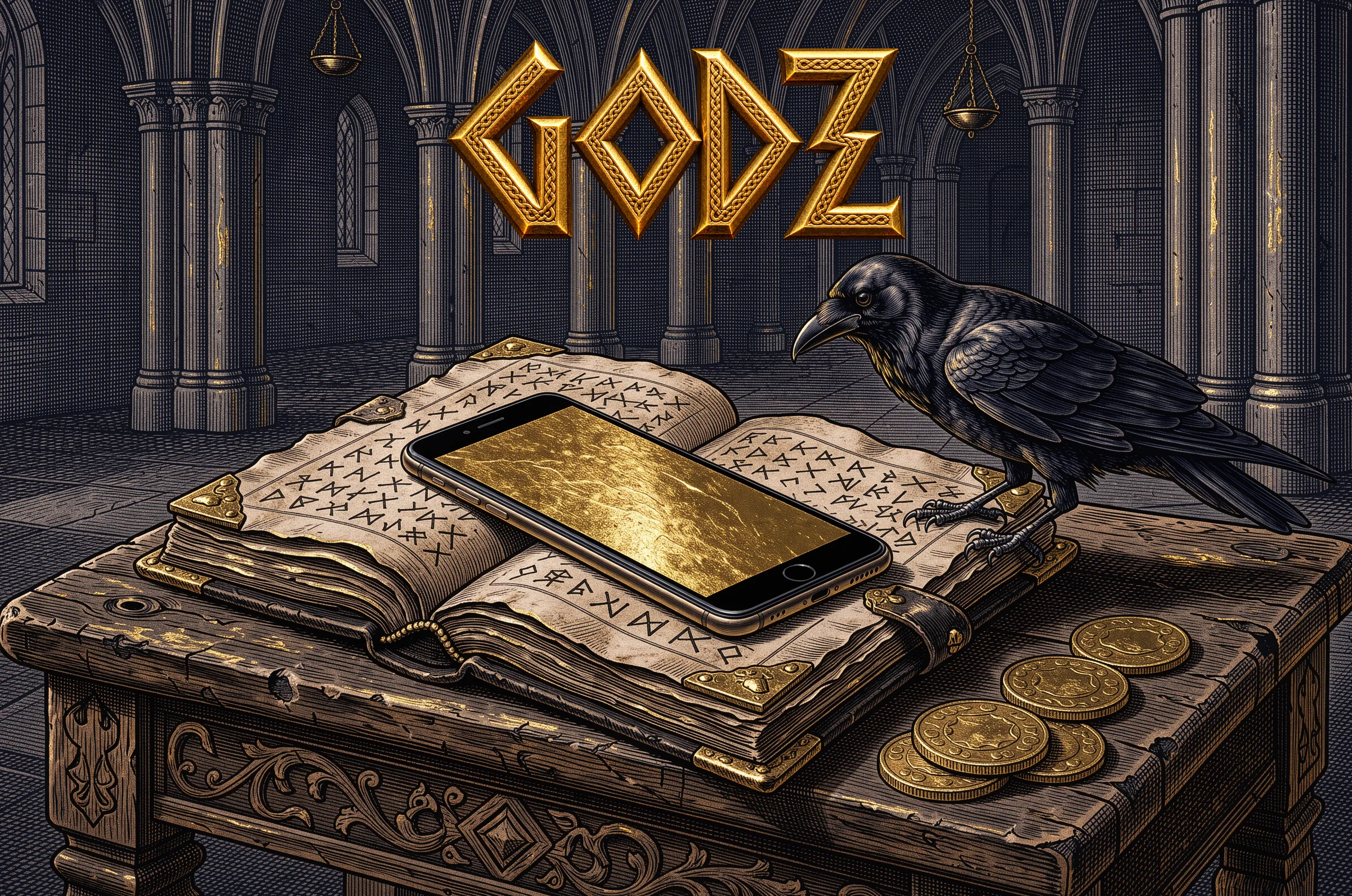A smartphone and raven on an open book at Godz Casino